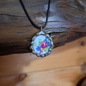 Floral Pendant Necklace with Silver Accents Upcycled Vintage Plate Piece Boho